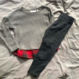 Girls size 4 grey knit sweater with red Buffalo plaid & black leggings